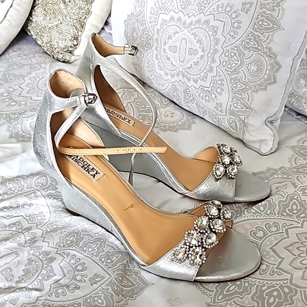 Embellished Silver Wedge Sandals - Designer Style